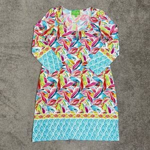 Pappagallo Green White Pink Floral Print Shift Dress Flutter Sleeve Size M